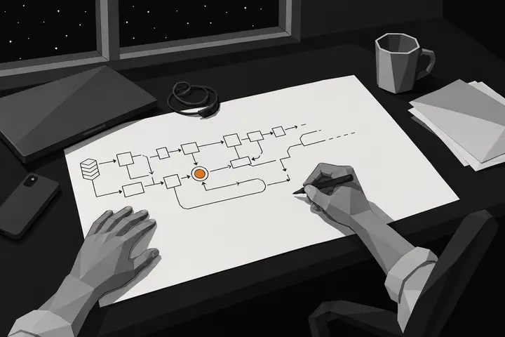 Ilustración: dos manos dibujan a mano un mapa del funcionamiento de una operación sobre una hoja en blanco; el dibujo está a medio hacer y un solo punto de cruce aparece marcado en naranja.